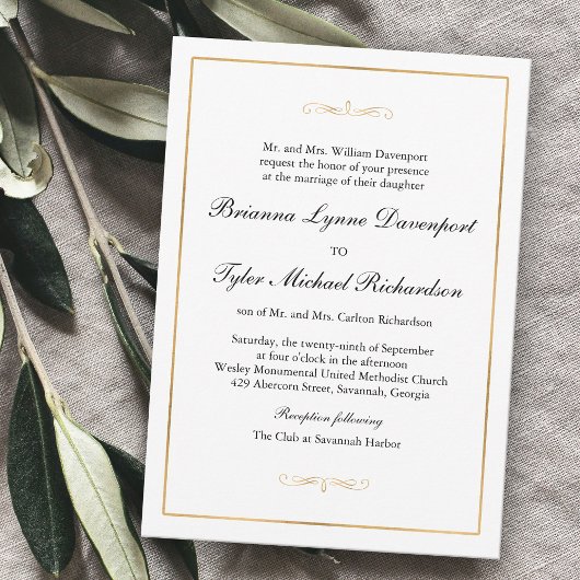 Invitation Classic Simple Elegance Gold Mariage frontière