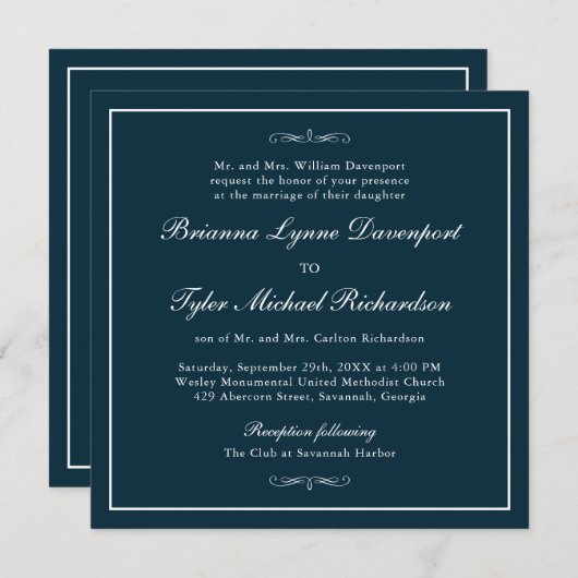 Invitation Classic Simple Elegance Marine Mariage bleu Carré (Devant / Derrière)
