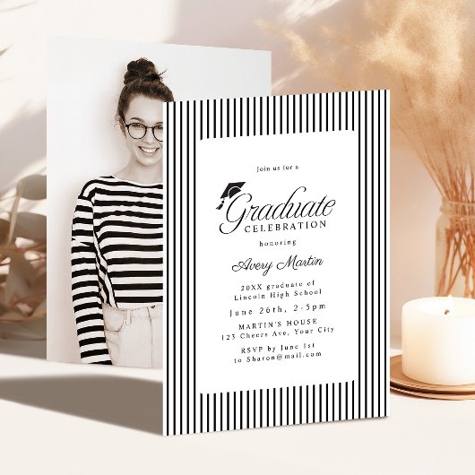 Invitation Classic Striped Elegance Script Photo Graduation