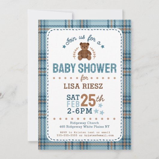 Invitation Classic Tartain Plaid Teddy Bear Baby Shower (Devant)