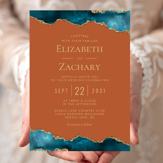 Invitation Classic Teal Gold Agate Burnt Orange Wedding