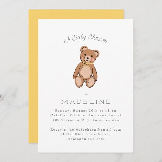 Invitation Classic Teddy Bear Baby shower Jaune (Devant / Derrière)