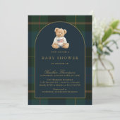 Invitation Classic Teddy Bear Green & Blue Plaid Baby Shower (Debout devant)