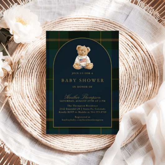 Invitation Classic Teddy Bear Green & Blue Plaid Baby Shower