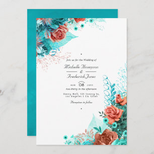 Invitation Classic Turquoise et Coral Floral QR Code Mariage