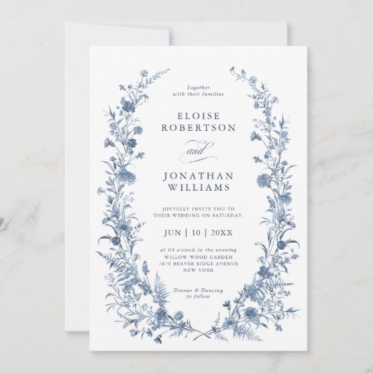 Invitation Classic Victorian Blue French Garden Chic Wedding (Devant)