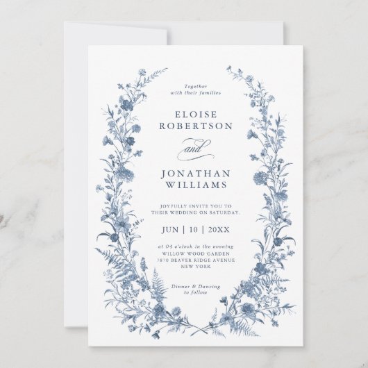 Invitation Classic Victorian Blue French Garden Chic Wedding  (Devant)