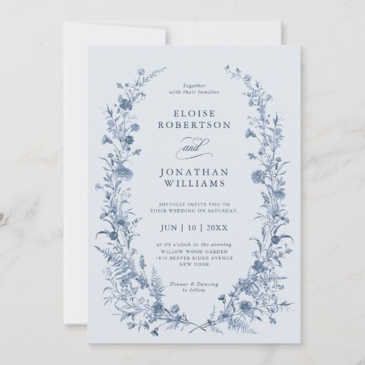 Invitation Classic Victorian Blue French Garden Chic Wedding (Devant)