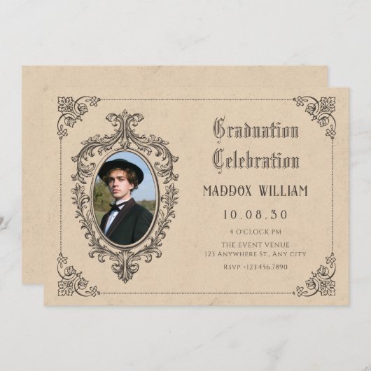 Invitation Classic vintage gothique ancienne école photo dipl (Devant / Derrière)