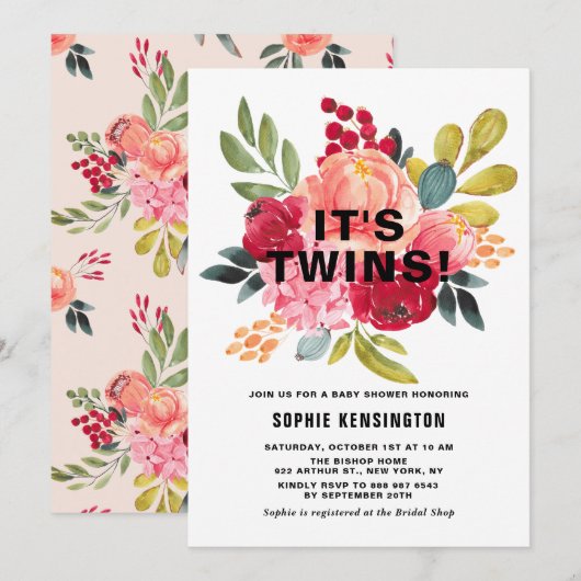 Invitation Classic Watercolor Flowers Twins Baby shower (Devant / Derrière)