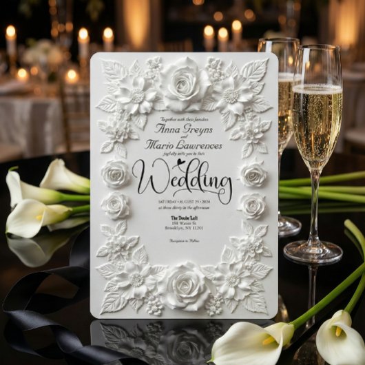 Invitation Classic White Bas Relief Faux Embossed Floral 