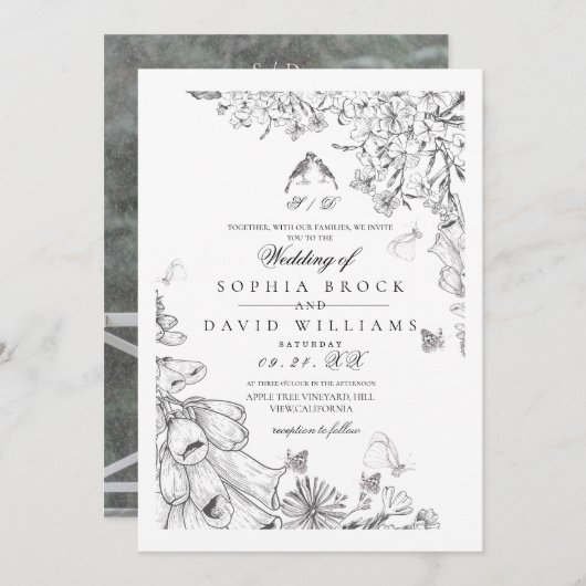 Invitation Classic White Black Botanical Wedding  (Devant / Derrière)