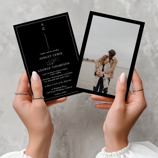 Invitation Classic white black photo calligraphy wedding