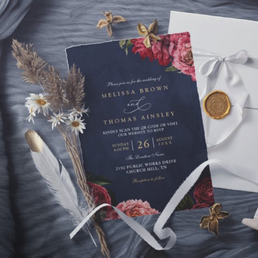Invitation Classical Peonies Floral Navy Chic QR Code Wedding