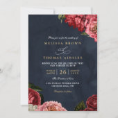 Invitation Classical Peonies Floral Navy Chic QR Code Wedding (Devant)