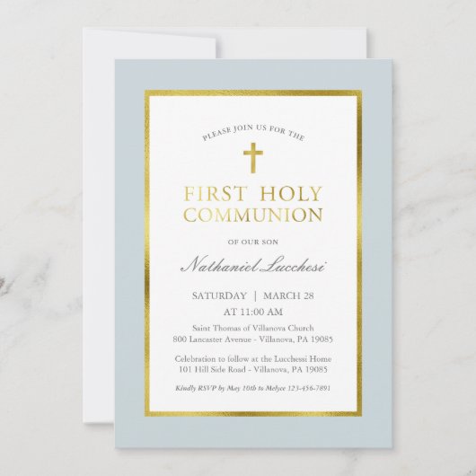 Invitation classique à la communion bleu et or (Devant)