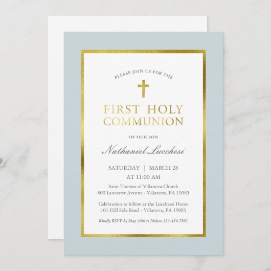 Invitation classique à la communion bleu et or (Devant / Derrière)