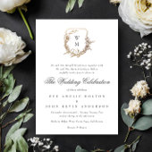 Invitation classique blanc noir monogramme mariage or crête
