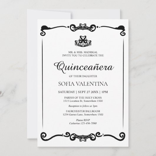 Invitation Classique Blanc Noir Tiara Quinceanera (Devant)
