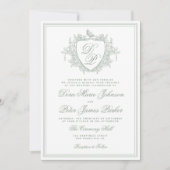Invitation Classique blason monogramme vert sauge mariage vin (Devant)