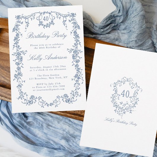 Invitation Classique Bleu Bleu Floral 40e fête d'anniversaire