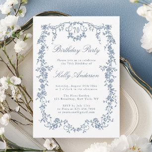 Invitation Classique bleu bleu Floral 70e fête d'anniversaire