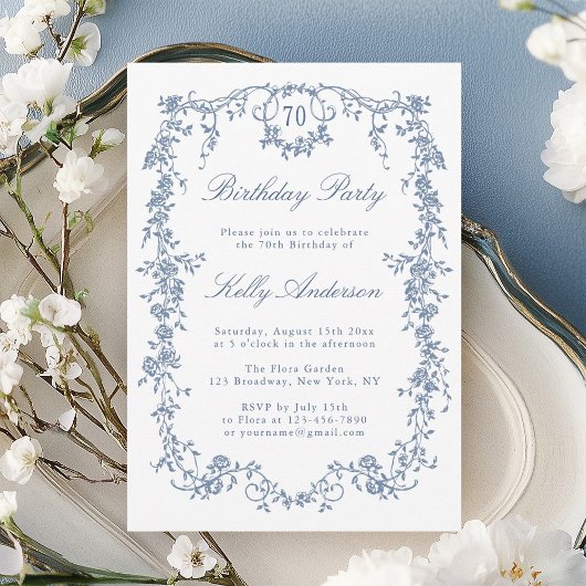 Invitation Classique bleu bleu Floral 70e fête d'anniversaire