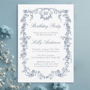 Invitation Classique bleu bleu floral 80e fête d'anniversaire