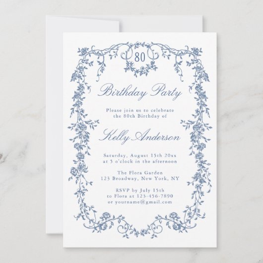 Invitation Classique bleu bleu floral 80e fête d'anniversaire (Devant)