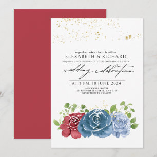 Invitation Classique Bleu Nuit Rouge Floral Vert Mariage
