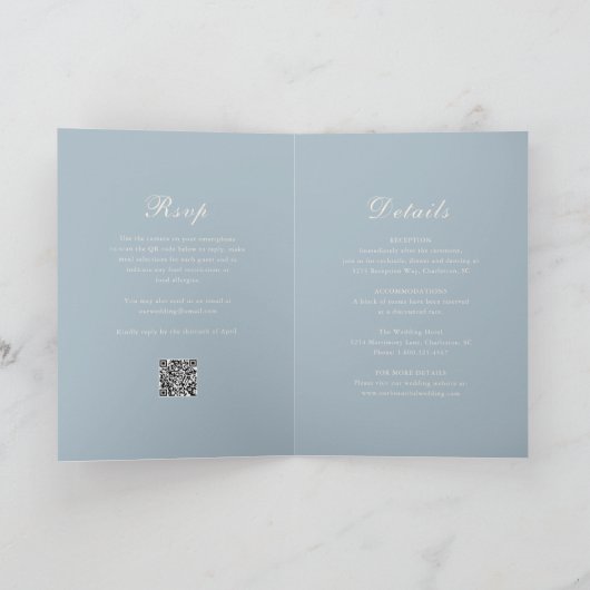 Invitation Classique bleu rouillé QR Code élégant mariage (Intérieur)