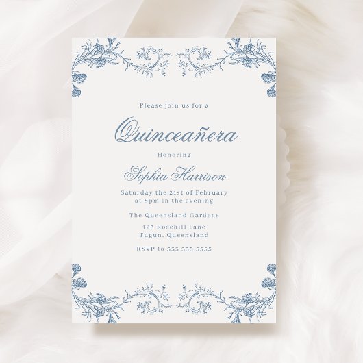 Invitation Classique Bleu vintage Élégante Quinceanera