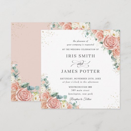 Invitation Classique Blush Peach Ivory Floral Mariage Carré  (Devant / Derrière)