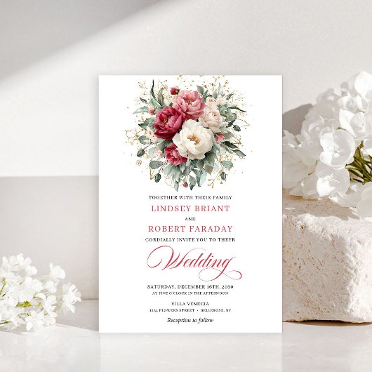 Invitation Classique Bohème Rouge Cramoisi Fleurs 