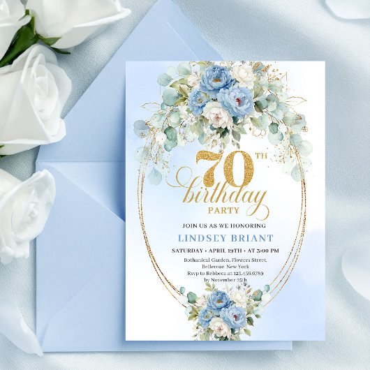 Invitation Classique Boho Bleu Floral Eucalyptus 70e Annivers