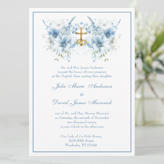 Invitation Classique catholique Bleu Floral Mariage religieux