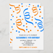 Invitation Classique Confetti Blue Orange 74e anniversaire (Devant / Derrière)