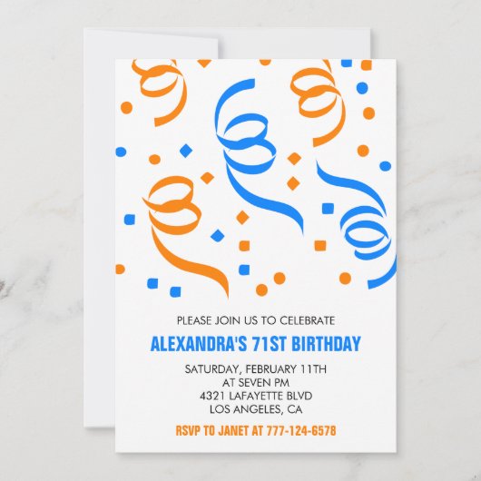 Invitation Classique Confettis Bleu Orange 71e anniversaire (Devant)