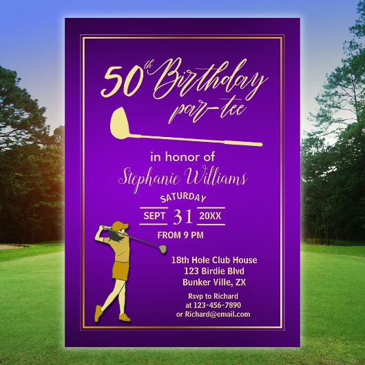 Invitation Classique de golf Violet Doré Anniversaire des 50