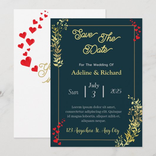 Invitation classique de Mariage Botanique Vert et  (Devant / Derrière)