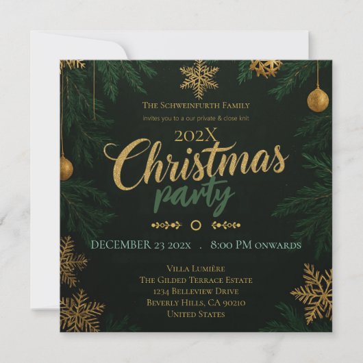 Invitation classique de Noël noir, vert et or (Devant)