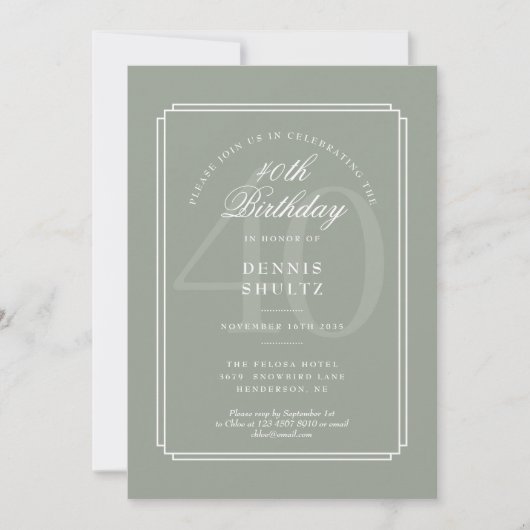Invitation Classique Déco | 40e anniversaire Sage et Blanc (Devant)