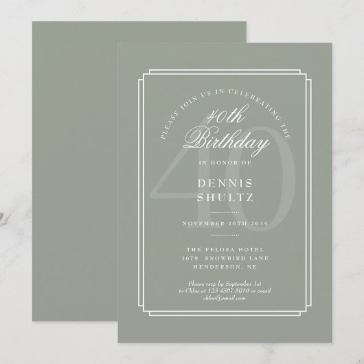 Invitation Classique Déco | 40e anniversaire Sage et Blanc (Devant / Derrière)
