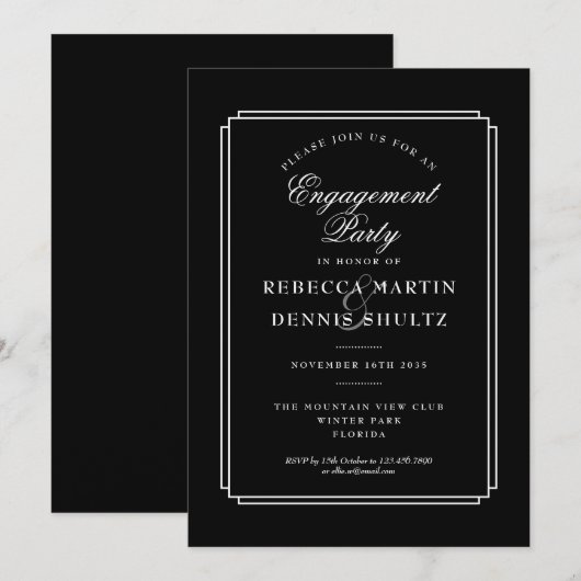 Invitation Classique Déco | Fête de fiançailles noir et blanc (Devant / Derrière)
