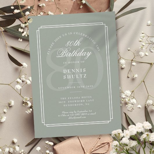 Invitation Classique Deco Sage et Blanc 80e Anniversaire