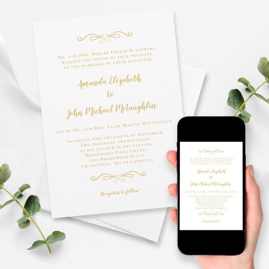 Invitation Classique Delicate Or Formal Élégant Mariage chic