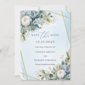 Invitation Classique Dusty Bleu Blanc Or Floral Enregistrer L (Devant)