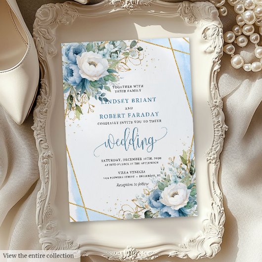 Invitation Classique Dusty Blue White Gold Flowers