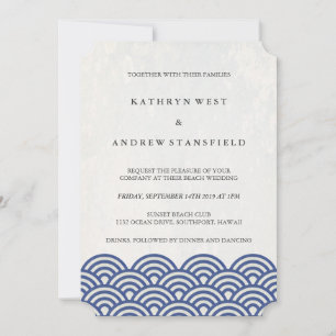 Invitation Classique Elégant Bleu + Blanc Plage Mariage