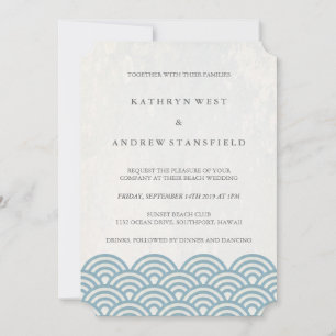 Invitation Classique Elégant Bleu + Blanc Plage Mariage